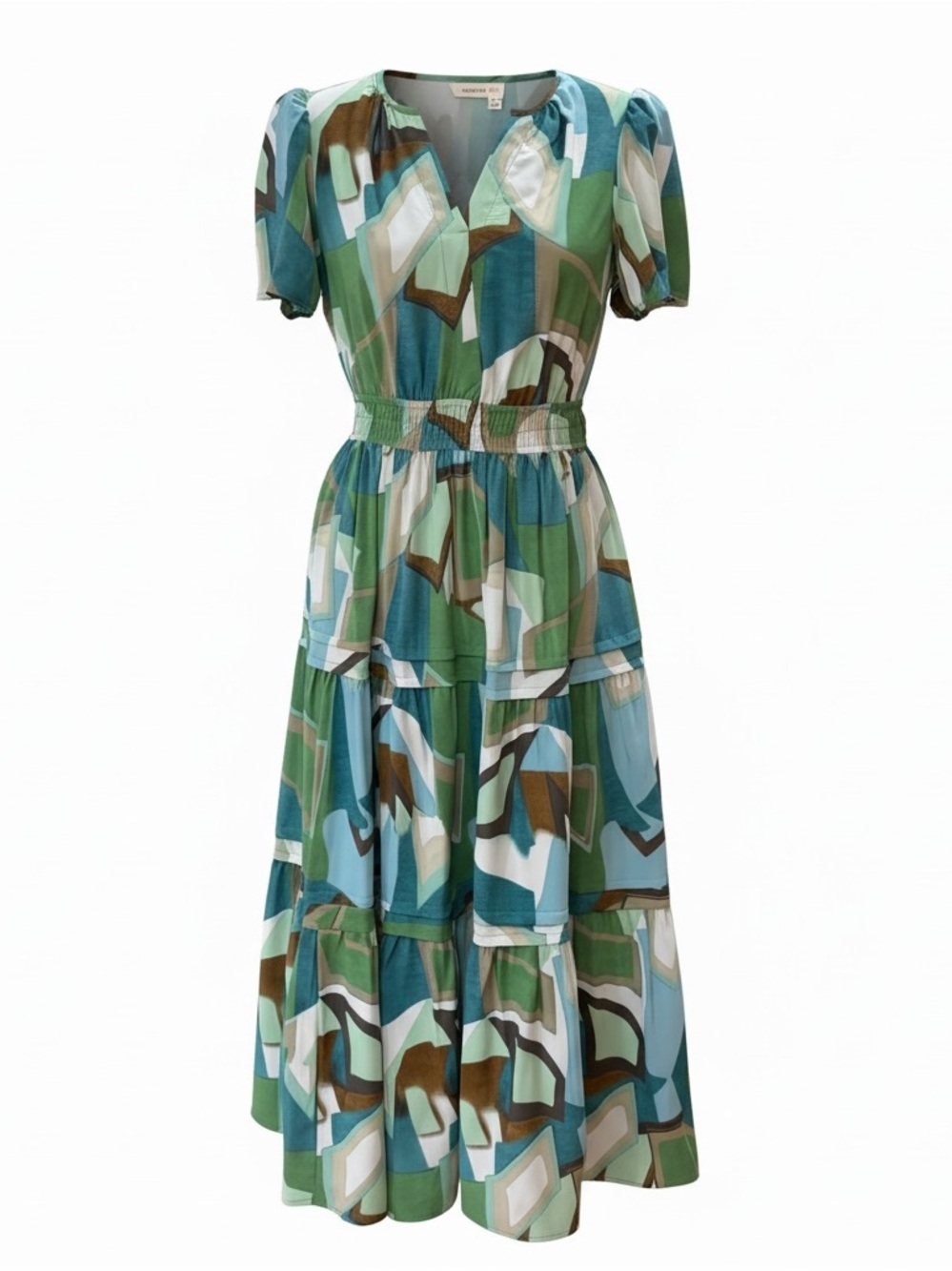 PRETTY GARDEN Tiered Maxi Dress Abstract Geometric Size S